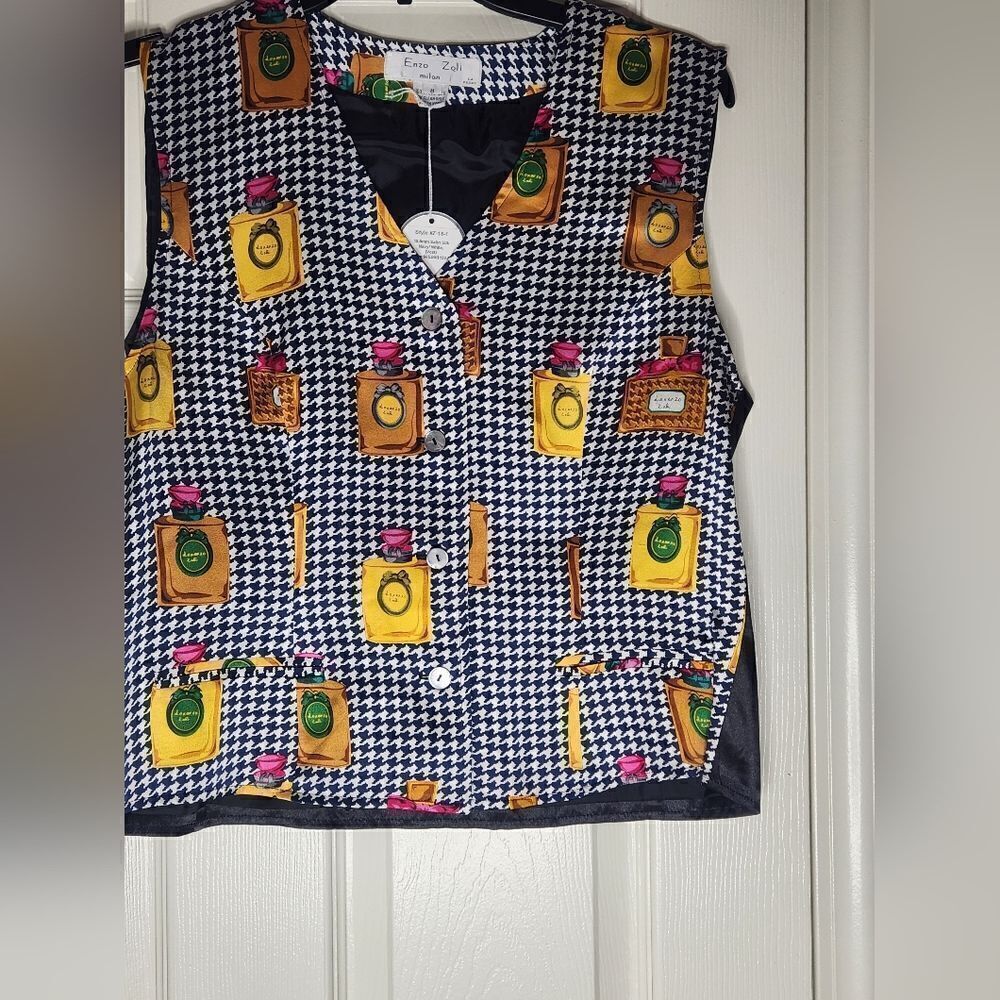NWT Vintage Enzo Zoli Milan M Silk Women Vest Houndstooth Perfume Bottle Print